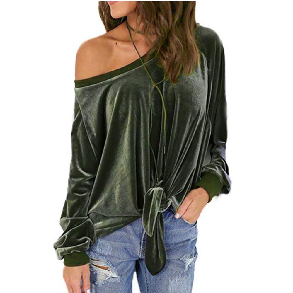 ABD Velvet Off Shoulder Long Sleeve Knotted Top